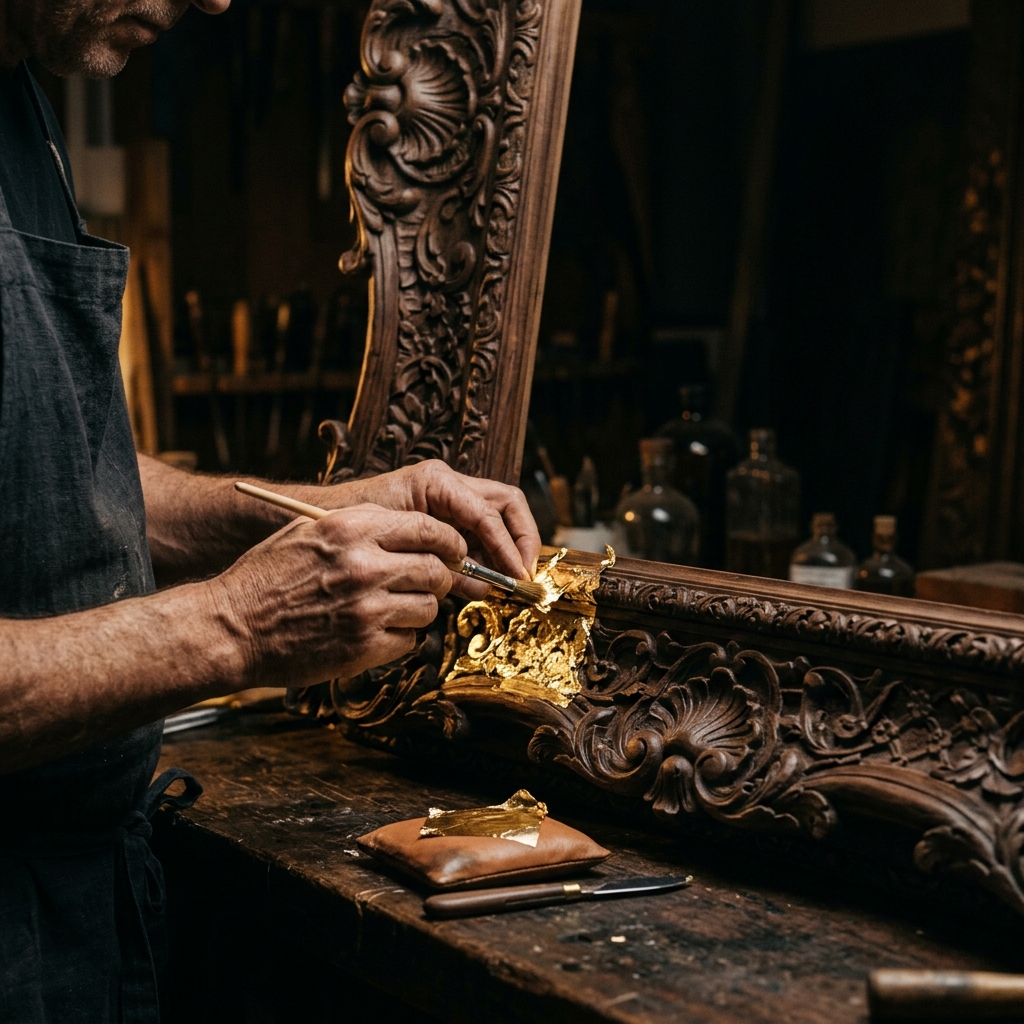 Master artisan applying gold leaf to an ornate carved frame